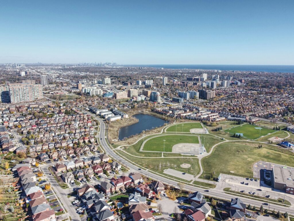 Aerial view of the Mississauga city on a sunny day and Churchill Meadows
